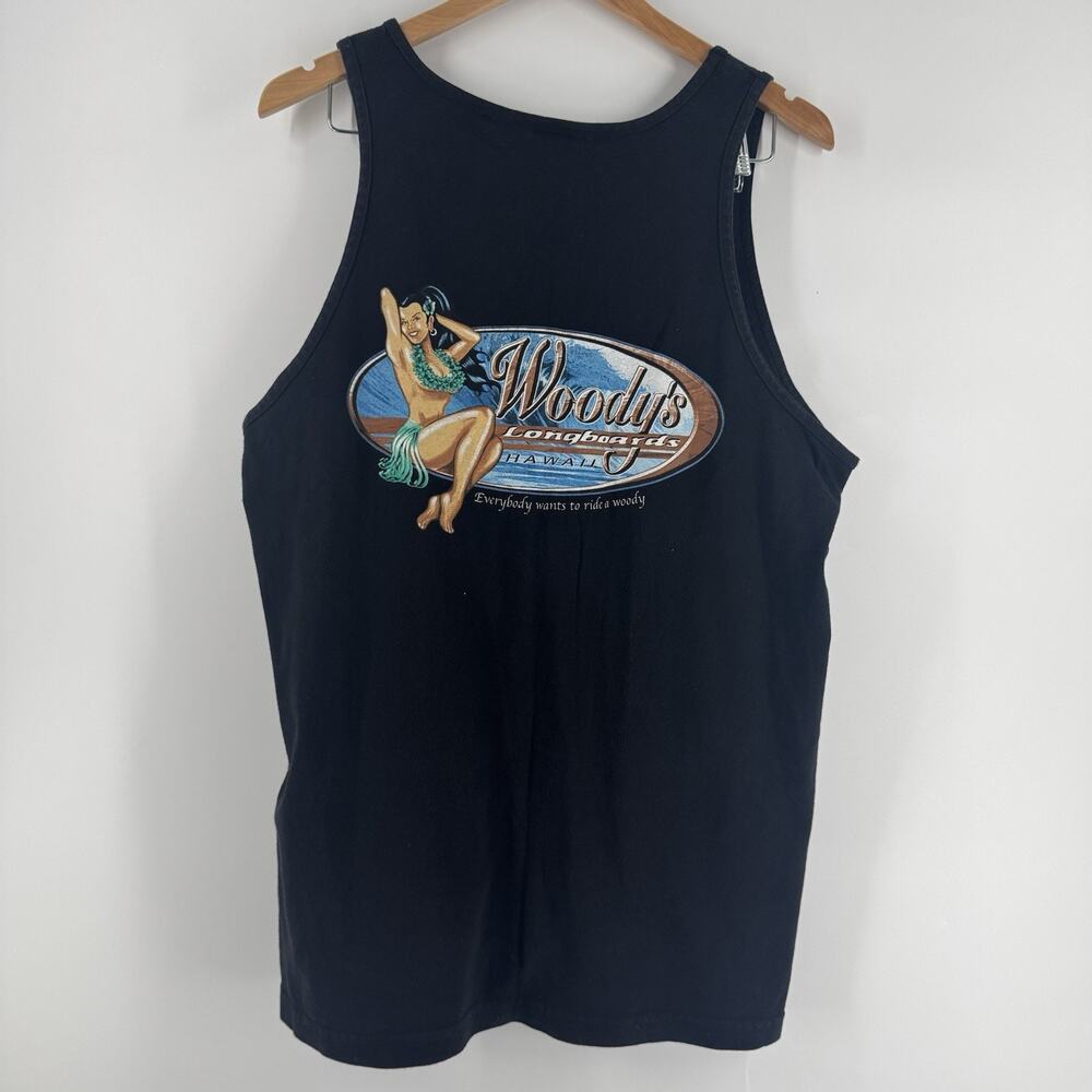 VTG Woody’s Longboards Black Tank Top Hula Pin Up Surfer Girl LARGE HAWAII 90’s